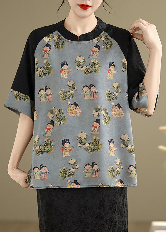 Art Sky Blue Print Patchwork Silk Oriental Tops Summer