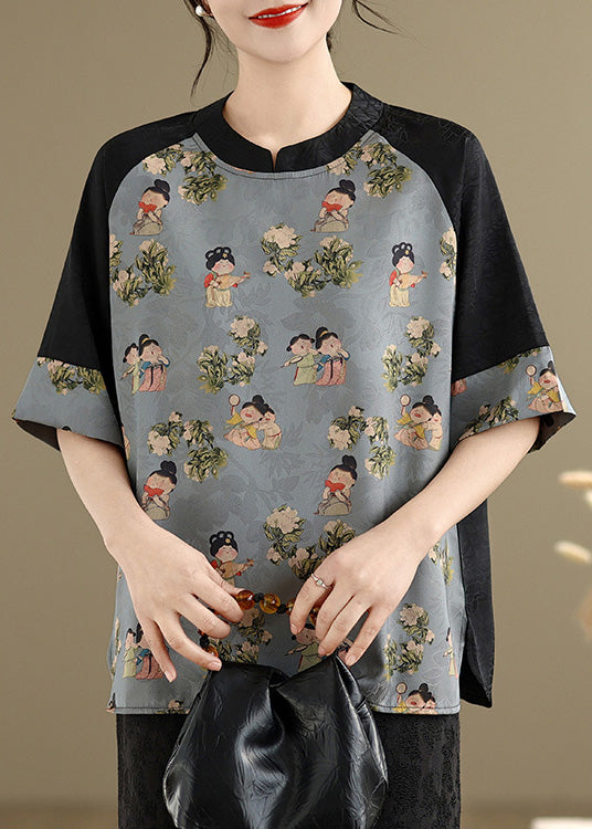 Art Sky Blue Print Patchwork Silk Oriental Tops Summer