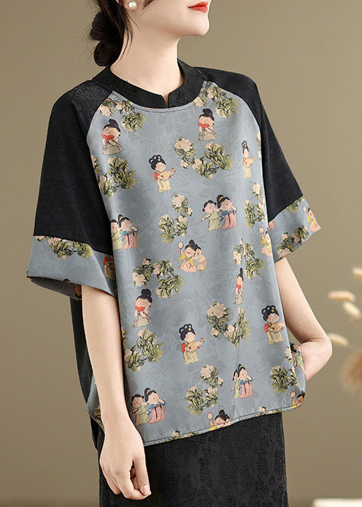 Art Sky Blue Print Patchwork Silk Oriental Tops Summer