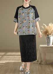 Art Sky Blue Print Patchwork Silk Oriental Tops Summer