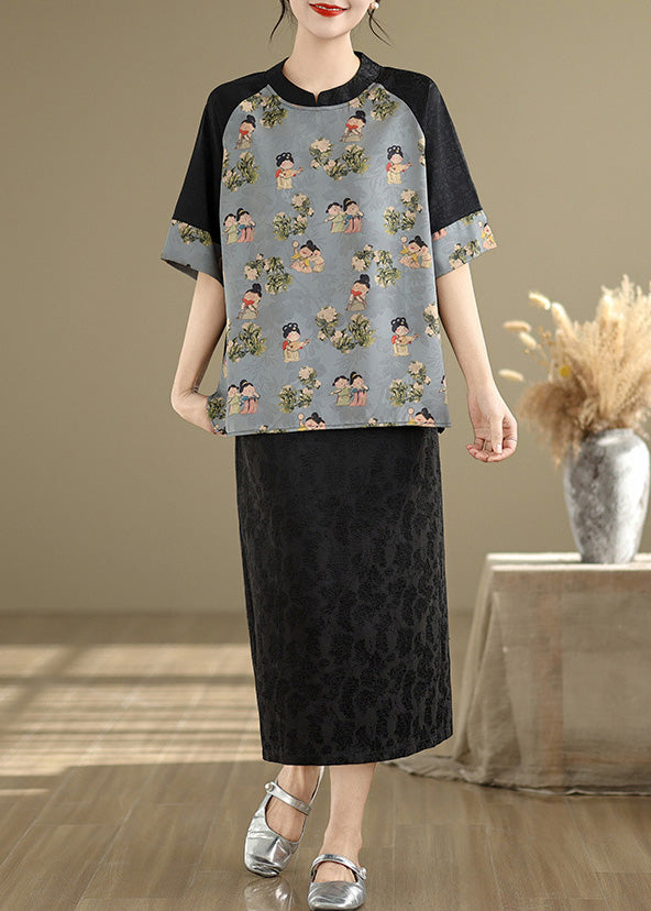 Art Sky Blue Print Patchwork Silk Oriental Tops Summer