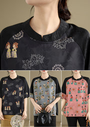 Art Sky Blue Print Patchwork Silk Oriental Tops Summer