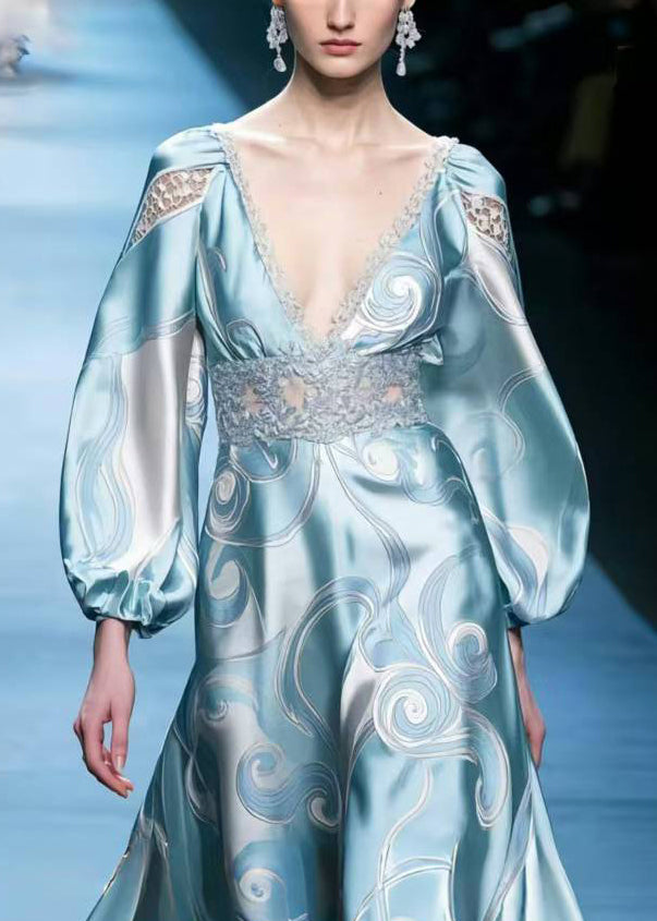 Art Sky Blue Print Patchwork Silm Fit Long Dresses Spring