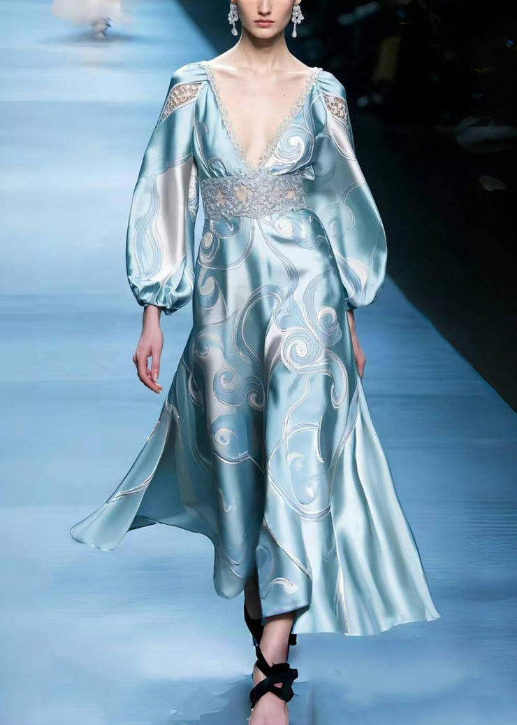 Art Sky Blue Print Patchwork Silm Fit Long Dresses Spring