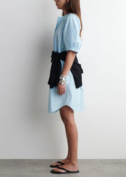 Art Sky Blue Puff Sleeve Cotton Work Dress Summer
