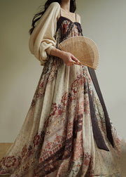 Art Slash Neck Patchwork Long Spaghetti Strap Dress Sleeveless