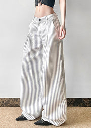 Art Striped Button High Waist Cotton Pants Summer