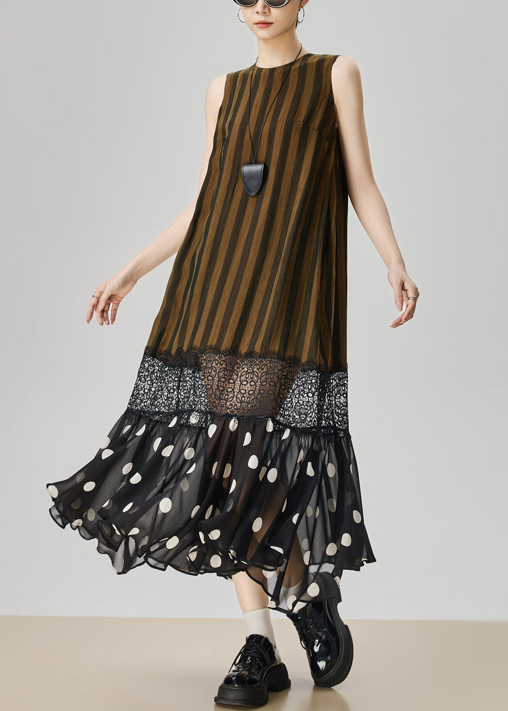 Art Striped Hollow Out Lace Patchwork Long Dresses Sleeveless