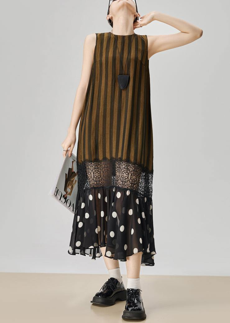 Art Striped Hollow Out Lace Patchwork Long Dresses Sleeveless
