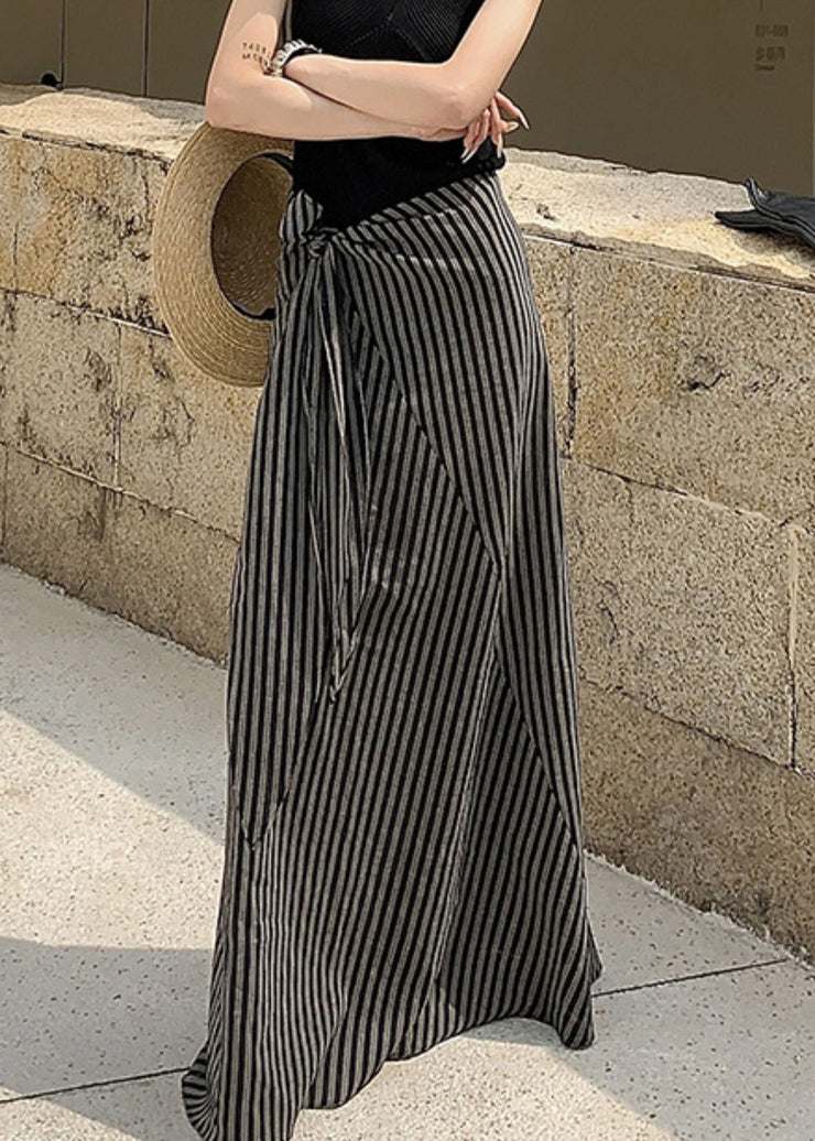Art Striped Lace Up High Waist Cotton Skirt Summer