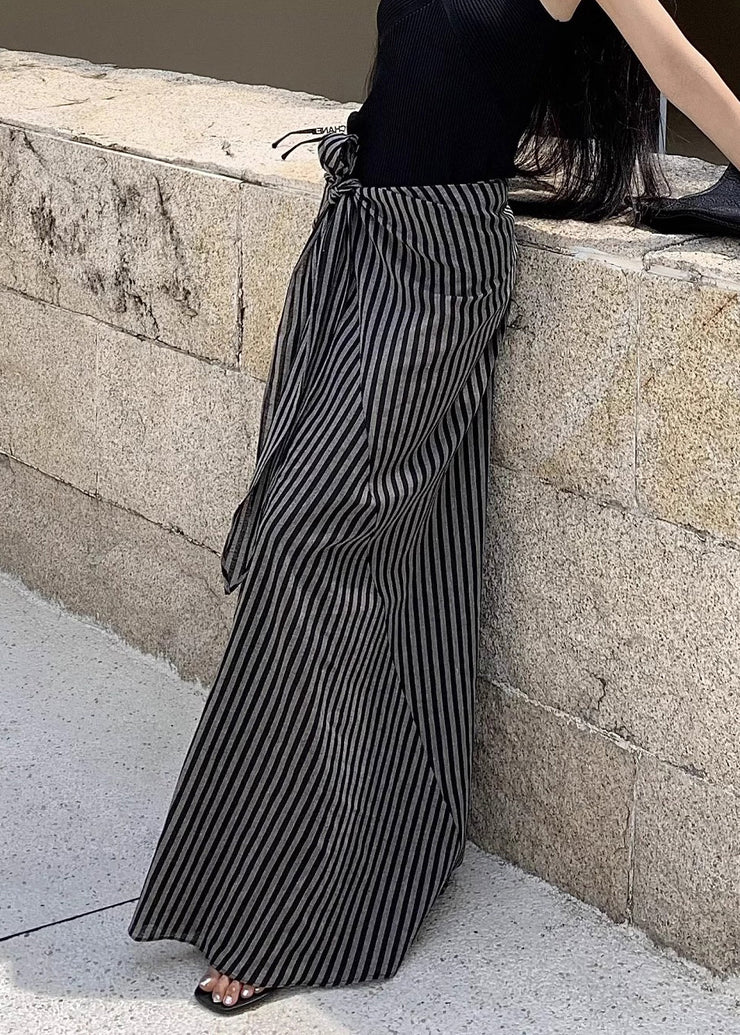 Art Striped Lace Up High Waist Cotton Skirt Summer