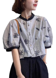 Art Striped O Neck Embroidered Patchwork Cotton Blouses Summer