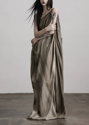 Art Tea Brown Cold Shoulder Wrinkled Patchwork Silk Dresses Summer