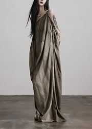 Art Tea Brown Cold Shoulder Wrinkled Patchwork Silk Dresses Summer