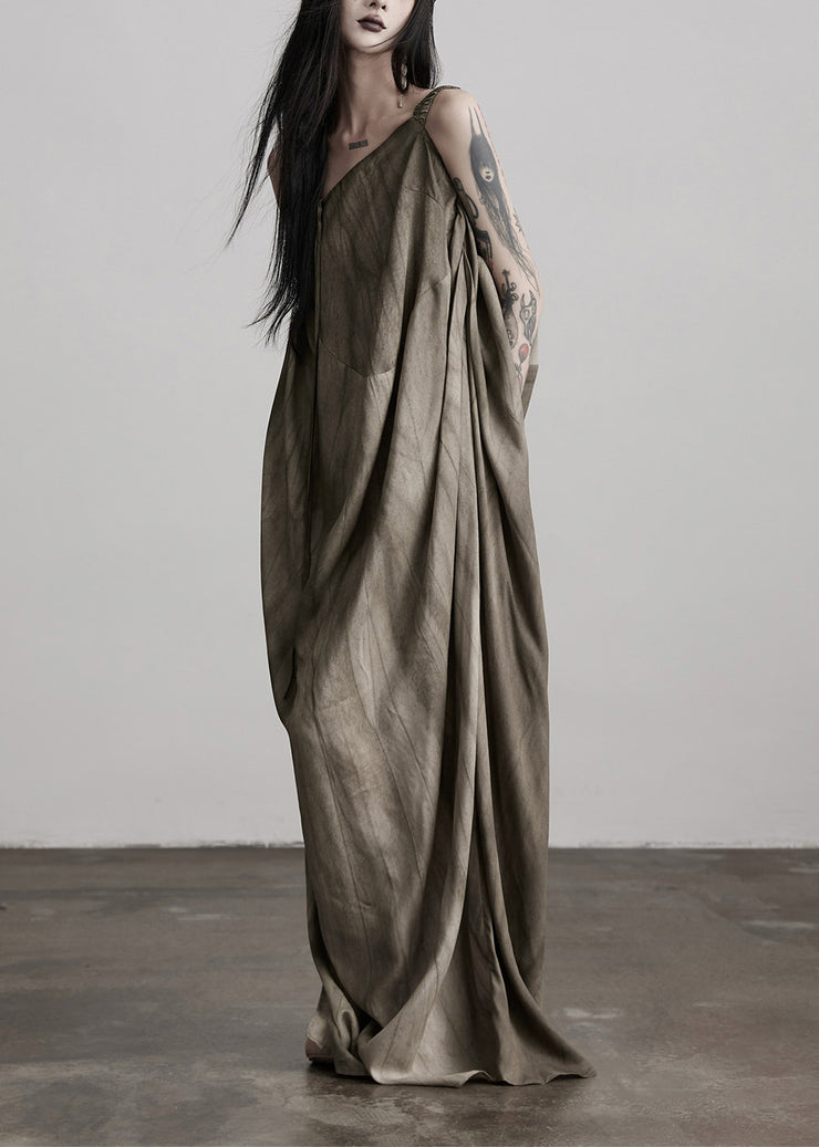 Art Tea Brown Cold Shoulder Wrinkled Patchwork Silk Dresses Summer