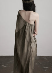 Art Tea Brown Cold Shoulder Wrinkled Patchwork Silk Dresses Summer