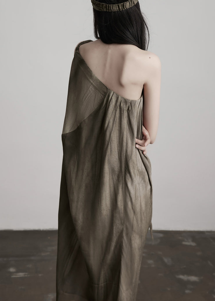 Art Tea Brown Cold Shoulder Wrinkled Patchwork Silk Dresses Summer