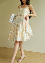 Art Tie Dye Patchwork Silk Spaghetti Strap Dress Sleeveless