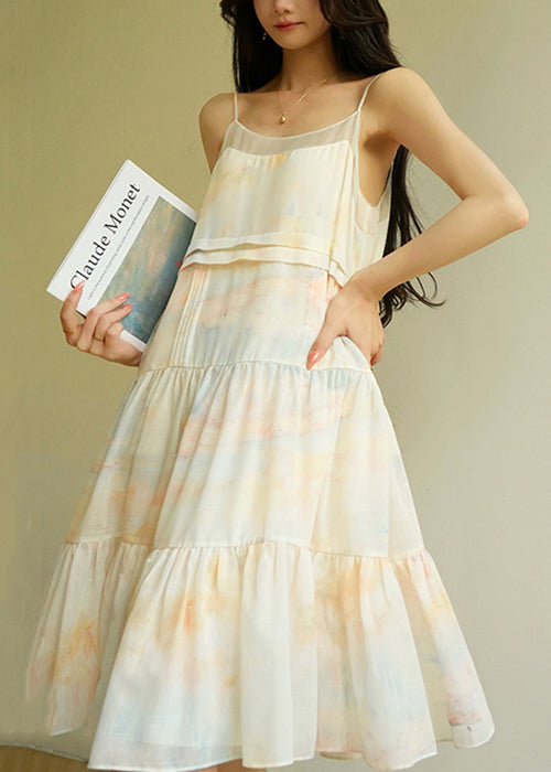 Art Tie Dye Patchwork Silk Spaghetti Strap Dress Sleeveless