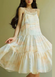 Art Tie Dye Patchwork Silk Spaghetti Strap Dress Sleeveless