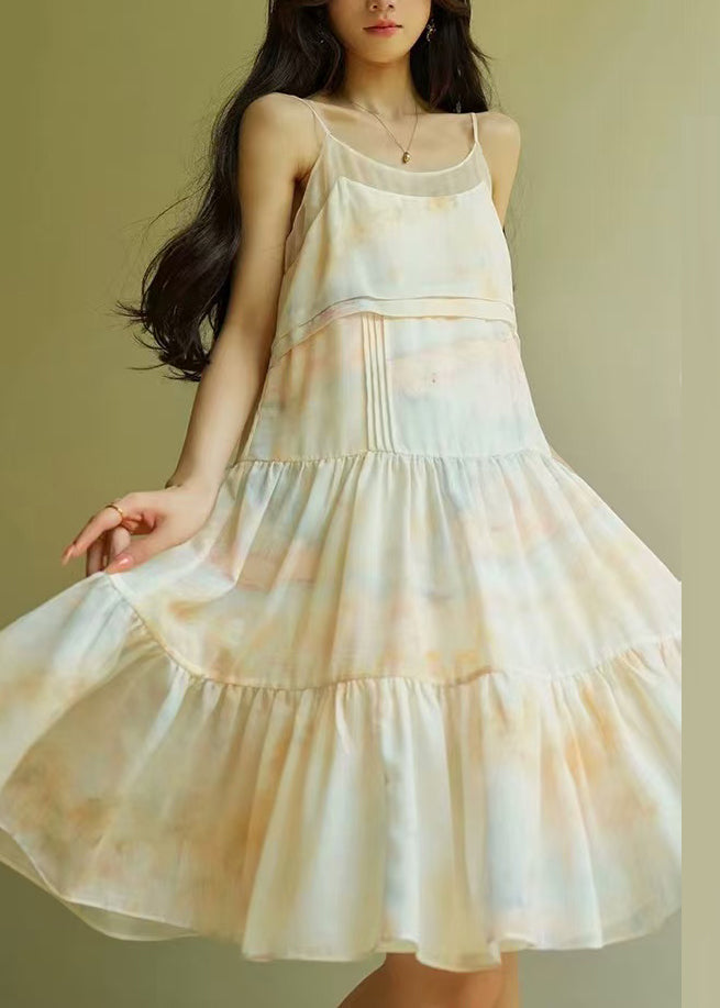 Art Tie Dye Patchwork Silk Spaghetti Strap Dress Sleeveless