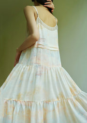 Art Tie Dye Patchwork Silk Spaghetti Strap Dress Sleeveless