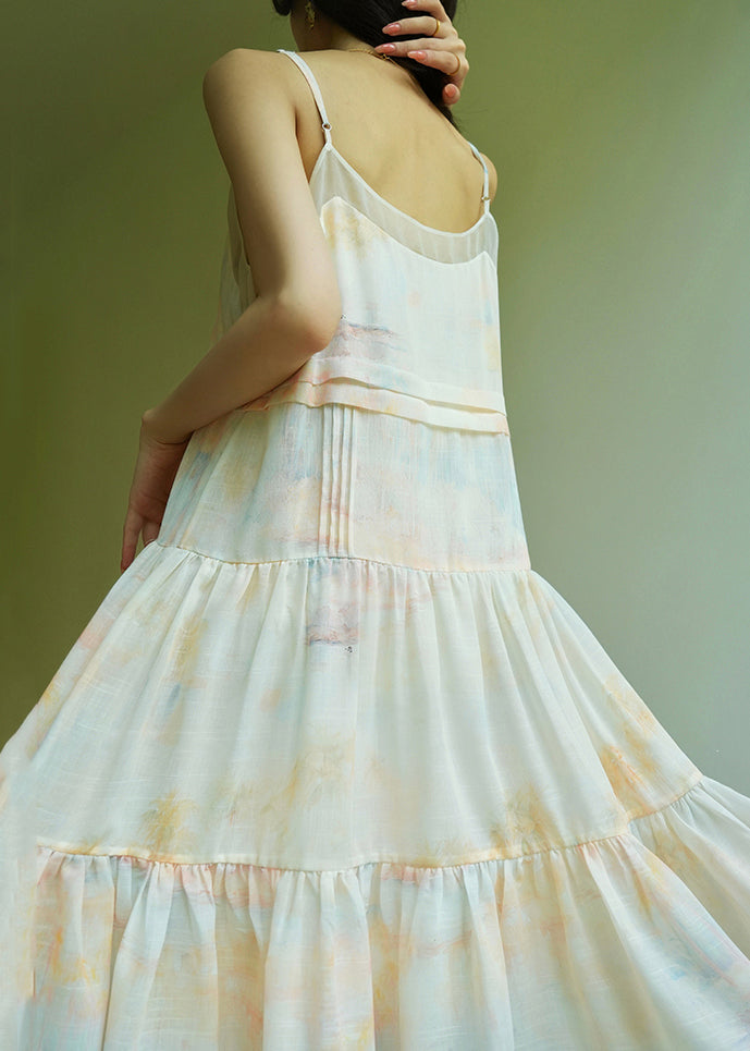 Art Tie Dye Patchwork Silk Spaghetti Strap Dress Sleeveless