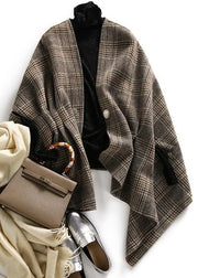 Art V Neck Button Plaid Woolen Coat Batwing Sleeve