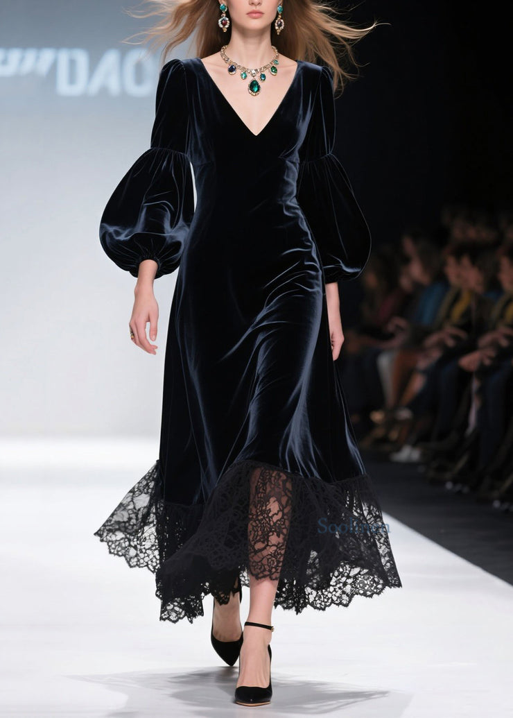 Art V Neck Lace Patchwork Velvet Maxi Dresses Lantern Sleeve