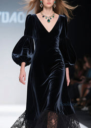 Art V Neck Lace Patchwork Velvet Maxi Dresses Lantern Sleeve