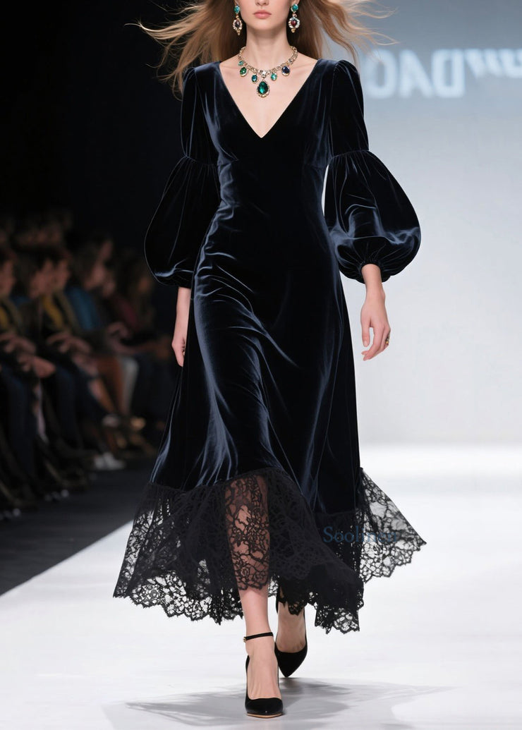 Art V Neck Lace Patchwork Velvet Maxi Dresses Lantern Sleeve