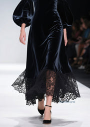 Art V Neck Lace Patchwork Velvet Maxi Dresses Lantern Sleeve