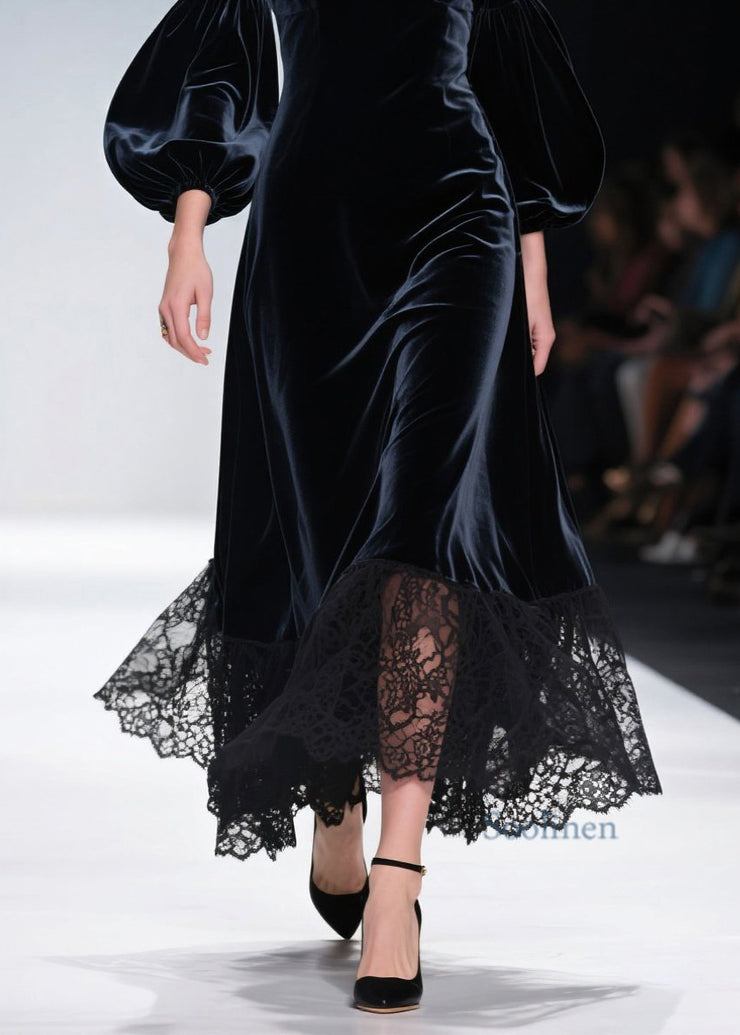 Art V Neck Lace Patchwork Velvet Maxi Dresses Lantern Sleeve
