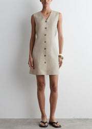 Art V Neck Linen A Line Tea Dress Sleeveless