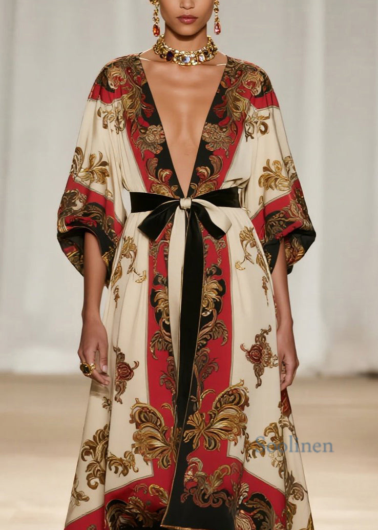 Art V Neck Print Low High Design Cotton Ankle Dress Fall