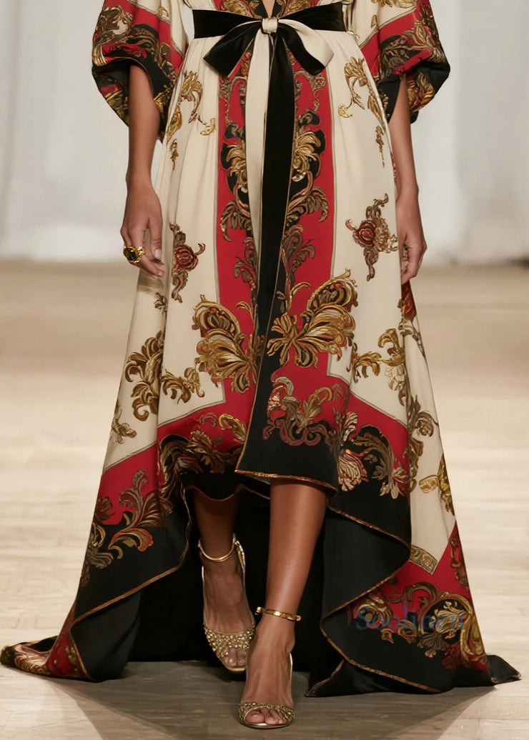 Art V Neck Print Low High Design Cotton Ankle Dress Fall