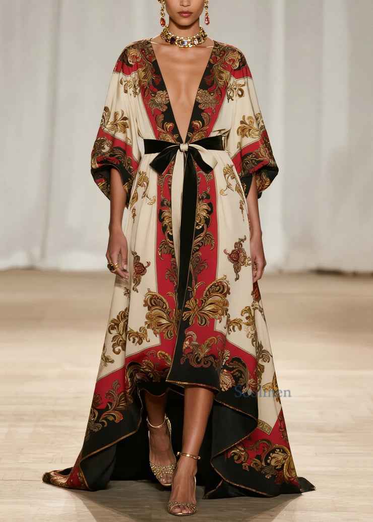 Art V Neck Print Low High Design Cotton Ankle Dress Fall