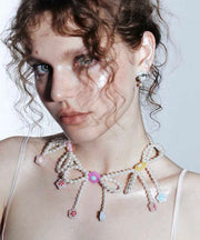 Art White Alloy Beading Pearl Bow Tassel Pendant Necklace