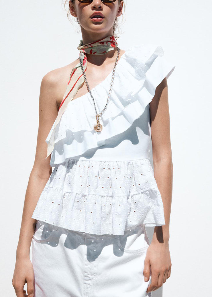 Art White Asymmetrical Hollow Out Cotton Tops Summer
