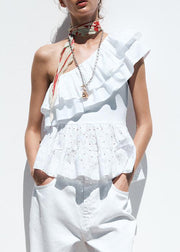 Art White Asymmetrical Hollow Out Cotton Tops Summer