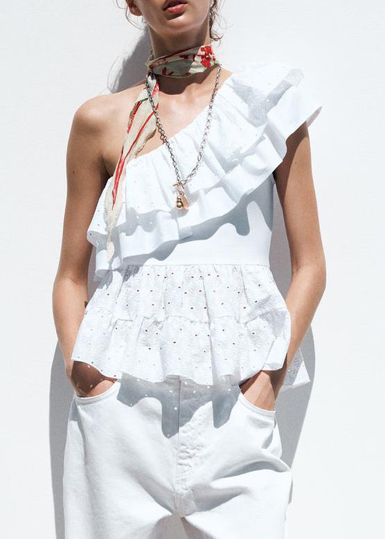 Art White Asymmetrical Hollow Out Cotton Tops Summer