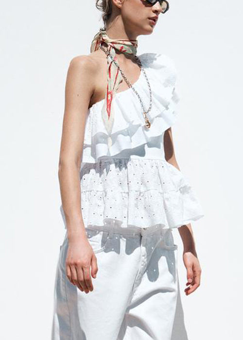 Art White Asymmetrical Hollow Out Cotton Tops Summer