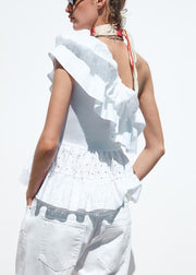 Art White Asymmetrical Hollow Out Cotton Tops Summer
