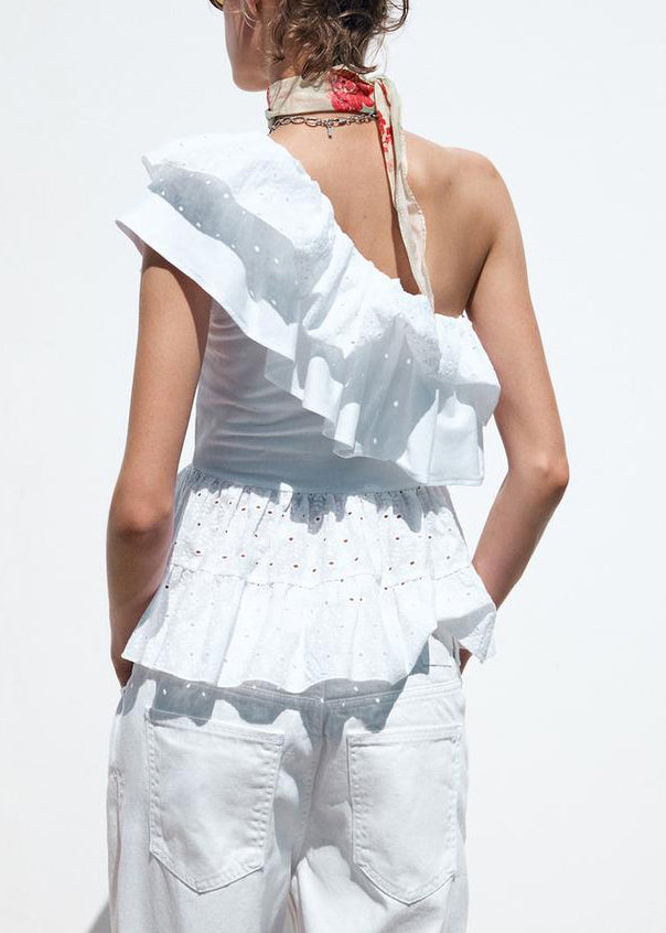 Art White Asymmetrical Hollow Out Cotton Tops Summer