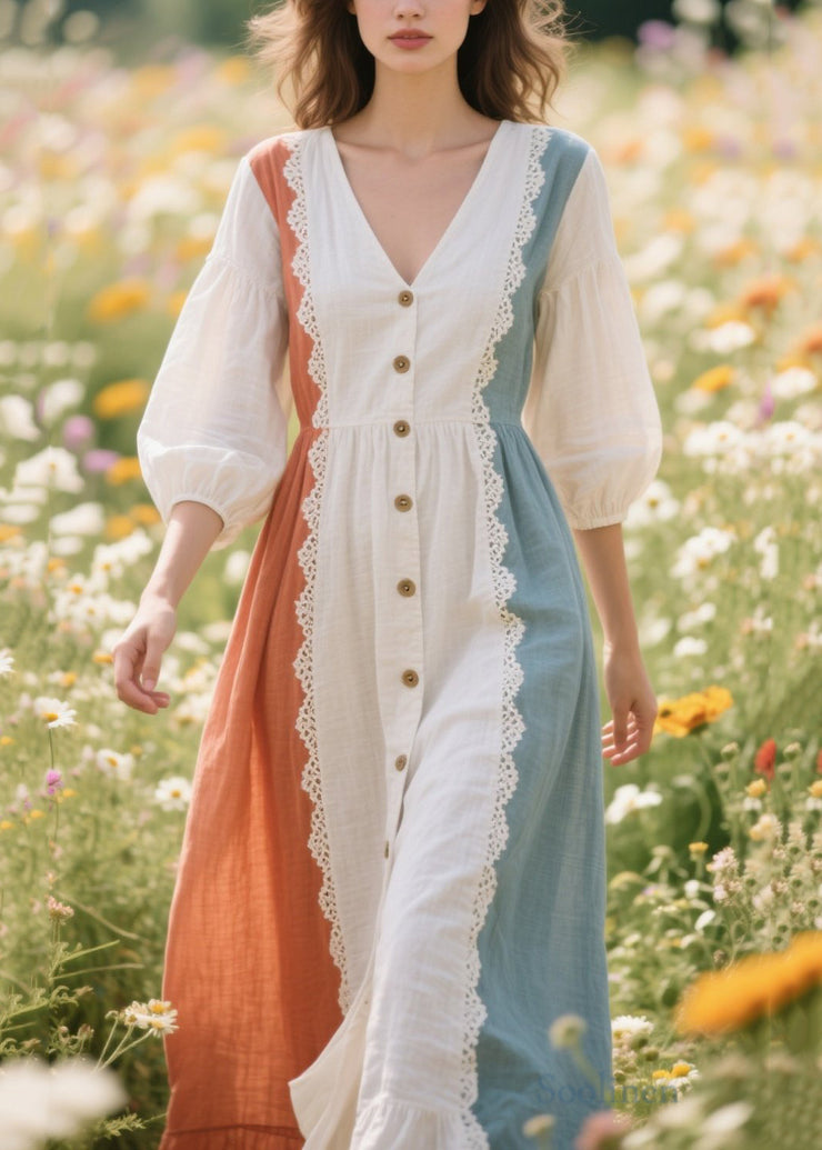 Art White Asymmetrical Patchwork Cotton Dresses Bracelet Sleeve