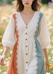 Art White Asymmetrical Patchwork Cotton Dresses Bracelet Sleeve