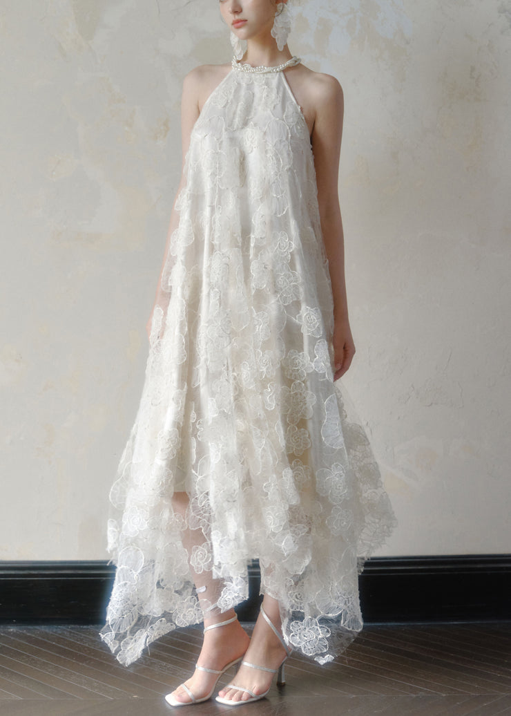 Art White Asymmetrical Pearl Lace Long Dress Sleeveless