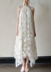 Art White Asymmetrical Pearl Lace Long Dress Sleeveless