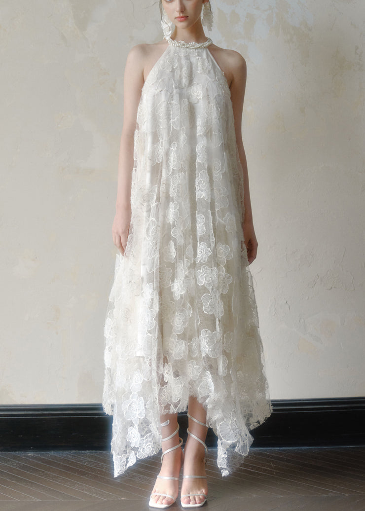 Art White Asymmetrical Pearl Lace Long Dress Sleeveless