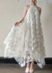 Art White Asymmetrical Pearl Lace Long Dress Sleeveless